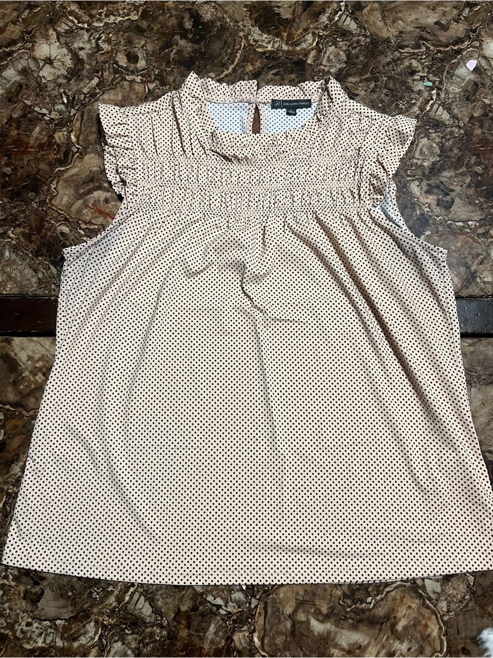Adrianna Papell Beige Sleeveless Smocked Polka Dot Top